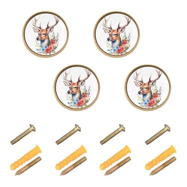 Imagem de Burbuja Maçanetas de armário de cozinha de veado aquarela, pacote com 4, puxadores redondos de 3,5 cm, puxadores de cômoda com parafusos para armários de cozinha, quarto, armário