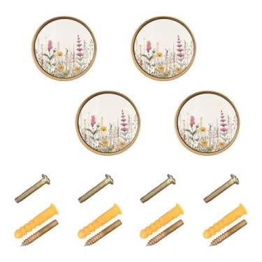 Imagem de Burbuja Puxadores de armário de cozinha retrô Wildflowers, pacote com 4, puxadores redondos de 3,5 cm, puxadores de cômoda com parafusos para armários de cozinha, quarto, armário