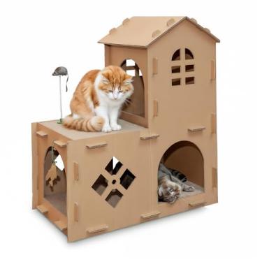 Imagem de Furhaven Casa de gato de papelão multinível com erva-dos-gatos para ambientes internos, almofadas de arranhar e brinquedos - Esconderijo de arranhador de gatos ondulado para casa de fazenda - marrom