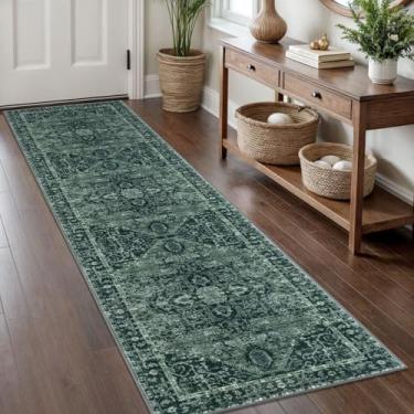 Imagem de KOZYFLY Tapete de corredor lavável para corredores de 6 x 20 m, tapete de entrada boho para corredores, interior impresso em lã sintética, tapete longo para entrada, quarto, cozinha, corredor, verde
