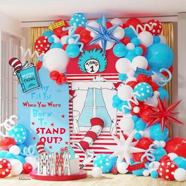 Imagem de Decoração de festa temática de chapéu de gato, 135 peças, kit de guirlanda de arco de balão vermelho, azul, branco, coisa 1 e coisa 2, decoração de festa de aniversário, decorações de chá de bebê