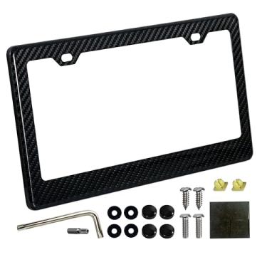 Imagem de RANGALii Moldura de placa de licença de fibra de carbono 2 furos borda larga moldura de placa de licença preta de fibra de carbono real com tampas de parafusos anti-roubo (preto brilhante)