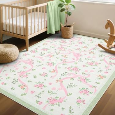 Imagem de GarveeHome Coquette Tapetes verdes para quarto de meninas, 10 x 15 cm para sala de estar com pelo baixo macio, tapete de área lavável com laço floral para berçário, dormitório infantil, sala de jogos