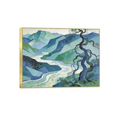 Imagem de BMZFYBS Quadro dourado arte de parede paisagem impressões em tela - montanha rio árvore decoração pintura quadros para quarto 50 x 65 cm 20 x 26 pol
