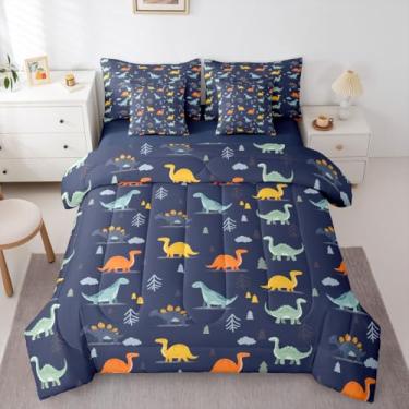 Imagem de Feelyou Jogo de edredom fofo de dinossauro com 7 peças, solteiro, desenho animado, dinossauro, para crianças, meninos, meninas, selva, dinossauro, decoração de quarto, microfibra macia