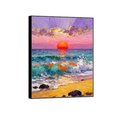 Imagem de BMZFYBS Impressão em tela de paisagem com moldura preta - Ondas do mar Pôr do sol vermelho - Pintura de decoração - Imagens para quarto 90 x 117 cm 35 x 46 pol