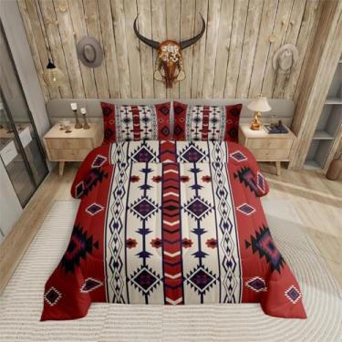 Imagem de Erosebridal Jogo de cama Queen Western Boho vintage, vermelho, marrom, asteca, nativo do sudoeste, para meninos, adultos, homens, sudoeste, étnico, tribal, geométrico, diamante, conjunto de edredom