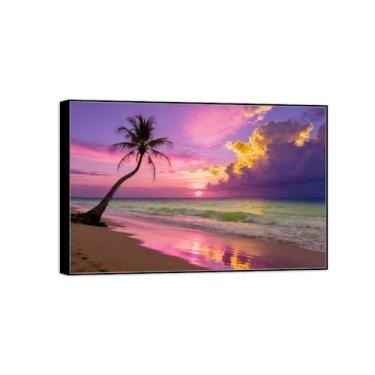 Imagem de Quadro preto arte de parede paisagem impressões em tela - palmeira mar nuvens roxas - pintura de decoração - imagens para quarto 50 x 75 cm 20 x 30 pol