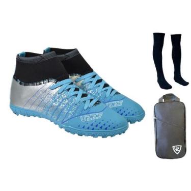 Imagem de Chuteira Society Botinha Cano Alto Costurada + Meião + Bolsa Mochila E