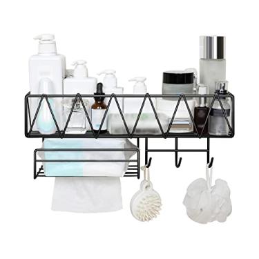 Imagem de Apoio para Chuveiro com Rack Toalha de Rosto 3 Ganchos Prateleira Organizadora Banheiro Montada na Parede Sem Perfuração Adesiva Cesto Armazenamento Design Furos Capacidade Grande Ferro Cozinha Dormit