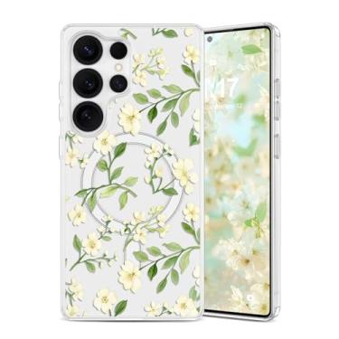 Imagem de EYZUTAK Capa magnética para Samsung Galaxy S23 Ultra com flores compatível com MagSafe, bonita floral elegante estética capa protetora transparente antiamarelamento para meninas e mulheres - bege