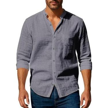 Imagem de Camisa Masculina De Algodão E Linho Com Gola Henley, Ajuste Slim, Leve