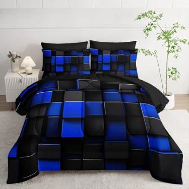 Imagem de Smell Sunshine Jogo de cama com estampa quadrada preta e azul, 7 peças, com 1 edredom, 1 lençol de cima, 1 lençol com elástico e 4 fronhas para quarto de meninos e meninas (casal)