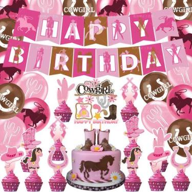 Imagem de Kit de balões de festa Cowgirl Birthday 18 unidades rosa com banner e 