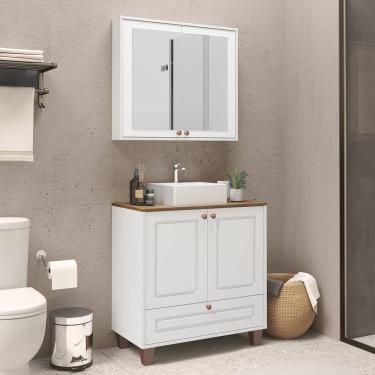 Imagem de Gabinete para Banheiro com Cuba e Espelheira 80cm Córdoba Yescasa Branco/Carvalho