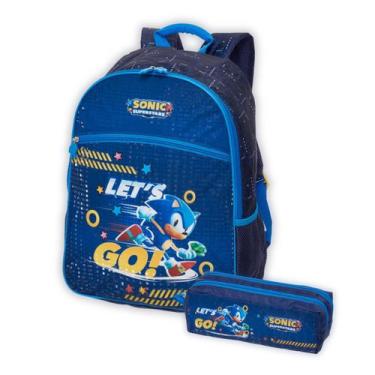 Imagem de Kit Mochila Sonic de Costas Escolar Meninos E Estojo Triplo Cor:Azul -