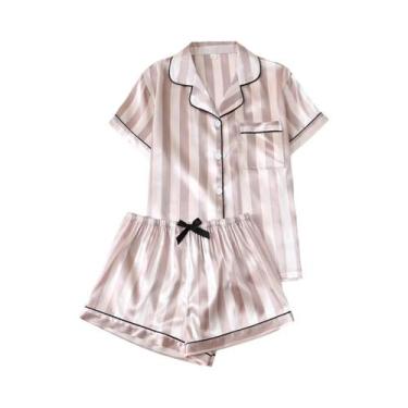 Imagem de Conjunto De Pijamas De Seda Listrada Para Mulheres, Camiseta De Manga 