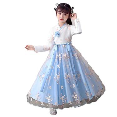 Imagem de Yajun Fantasias chinesas Hanfu cosplay chiffon bordado princesa clássica Tang terno 3-14 sim vestido retrô confortável de dança folclórica, azul, 150 cm