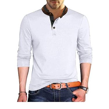 Imagem de NJNJGO Camiseta masculina de manga comprida Henley de algodão casual camiseta slim fit com botões, Branco, P