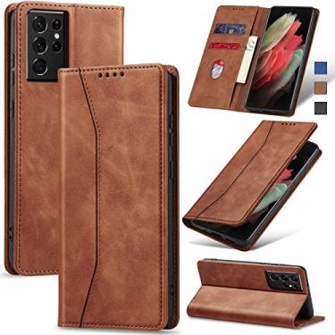 Imagem de Jasonyu Flip Carteira Capa para Samsung S21 Ultra 5G,Capinha Folio Magnética de Couro com Suporte para Cartão,Suporte para Chute - Protetora Durável de TPU à Prova de Choque para Telefone,Marrom