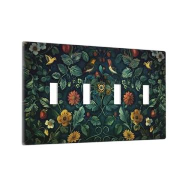 Imagem de Xuejiaku Placa decorativa para interruptor de luz, morris, ladrão de morango, folhas verdes, flores, pássaros, placa de parede de 4 gangues, capas de placa de interruptor quádruplo jumbo placa