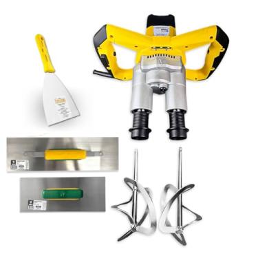 Imagem de Misturador Menegotti Mel1800w Tinta Argamassa Cimento Massa Corrida C/Desempenadeira Galo 113-00, 309-00 e Espátula de Inox Evolution 12,5 cm (5") Profissional Kit - (220, Volts)