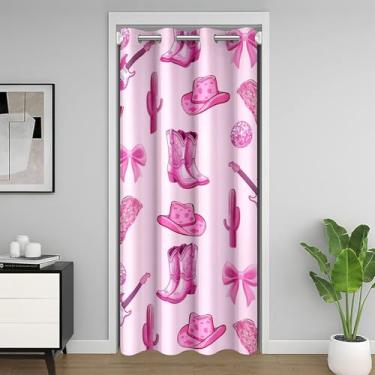 Imagem de Cortina de porta rosa vaqueira 152 cm L x 203 cm C Botas de cowboy ocidentais com estampa de chapéu cortina de porta privacidade para crianças adolescentes adultos feminino laço laço deserto cacto