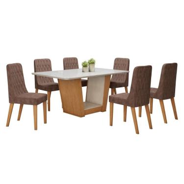Imagem de Conjunto Sala de Jantar 160cm Tampo MDF com Vidro e 6 Cadeiras Amêndoa Clean/Off White/Avelâ