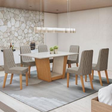 Imagem de Conjunto Apogeu 170cm Tampo MDF com Vidro e 6 Cadeiras Luar Amêndoa Clean/Off White/Liso Capuccino