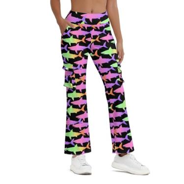 Imagem de Balicaton Calça feminina de ioga elástica com boca de sino elástica casual com bolsos, Cor tubarão, P