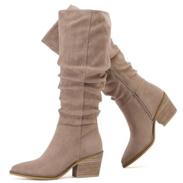 Imagem de Ruiee Botas femininas de cano alto, cano alto, salto baixo grosso e bico fino despojado, botas longas de inverno para mulheres., Bege Mf 961, 36