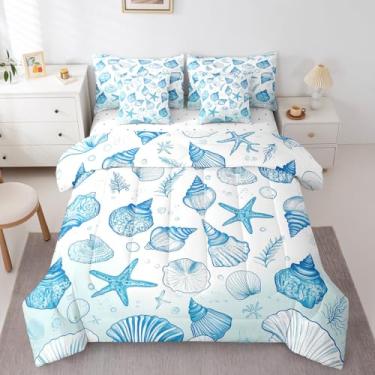 Imagem de jejeloiu Conjunto de edredom solteiro com estrela do mar, concha do mar, concha, litoral, oceano, criaturas marinhas, oceano, cama temática marinha em uma bolsa com edredom, lençóis, fronhas e capa de