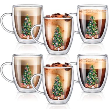Imagem de Sliner Pacote com 6 canecas de café de vidro de parede dupla verde para árvore de Natal verde com alça 340 g copos isolados transparentes canecas de férias de inverno para cappuccino latte saquinho de