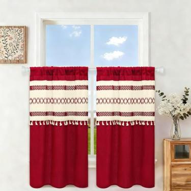 Imagem de FRAMICS Cortinas de cozinha Farmhouse Cortinas de linho café 91 cm de comprimento Cortina curta vermelha para banheiro Boho Crochê, bolso para haste, 2 painéis