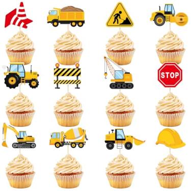 Imagem de Pacote com 48 topos de cupcake de construção, sinal de parada, caminhão basculante, escavadeira, trator, picaretas de cupcake para crianças, veículos de construção, tema festa, chá de bebê, artigos de