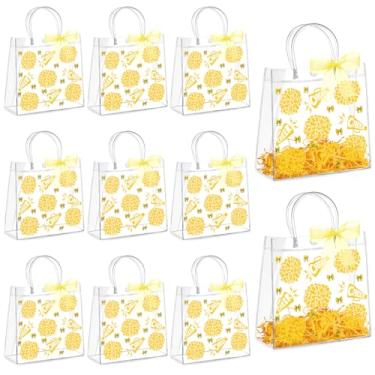 Imagem de AmazingSpark Conjunto de 10 sacos de presente de PVC transparente com alças reutilizáveis para lembrancinhas de festa com fita de ráfia saco de presente de plástico para líder de torcida (amarelo)