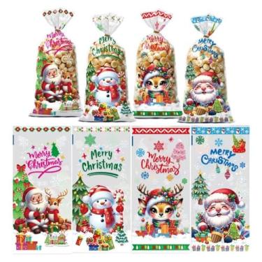 Imagem de 50 peças de sacolas de Natal de celofane de 28 x 12 cm com laços dourados para lembrancinhas de festa