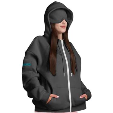 Imagem de Generic Moletom feminino com capuz e máscara para os olhos, modelagem solta, tecido macio, leve e confortável, manga longa fechamento em zíper, Cinza