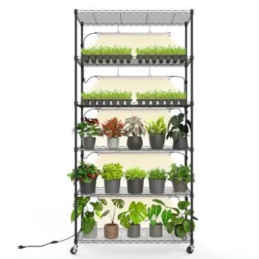 Imagem de Bstrip Prateleira de plantas com luz de cultivo com temporizador, suporte de metal para plantas com suporte ajustável e rodas, pacote com 5 tiras de luz de crescimento de espectro completo T8 para