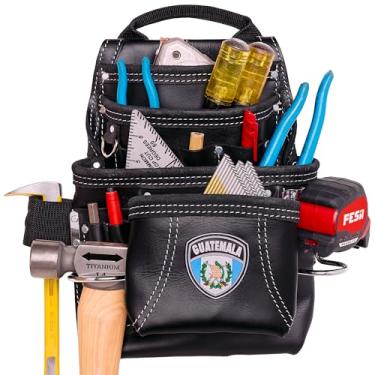 Imagem de FESA Bolsa de ferramentas de couro para carpinteiro - Bolsa de carpinteiro de couro de grão superior pesado com 10 bolsos com 2 laços de martelo, bolsos grandes e pequenos - serve para cintos de