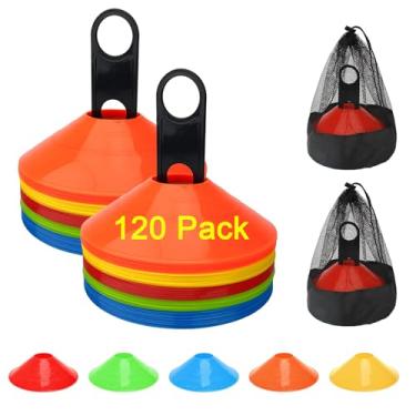 Imagem de BIRDDIE Pacote com 120 cones de treinamento de futebol, cones esportivos de futebol, marcadores de campo de treinamento, cones de agilidade com bolsa de transporte e suporte para brocas, basquete