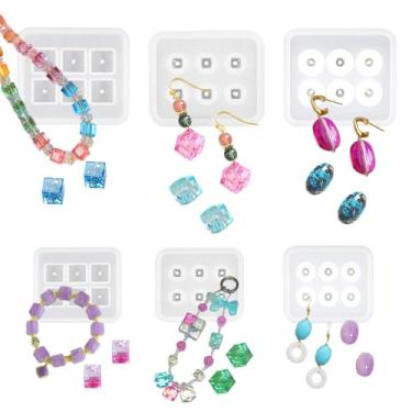 Imagem de SWUAVD Miçangas de moldes de resina, 6 peças de elipse quadrada, furos de losango, moldes de silicone com orifícios, kit para contas de resina UV, faça você mesmo, pulseira de pedras preciosas, colar