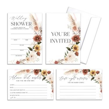 Imagem de HRIOROII Convites de chá de casamento com envelopes, conselhos florais boho e desejos para o Sr. e a Sra. Convites de chá de panela de flores boêmias, presentes de decoração de festa de casamento de