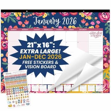 Imagem de bloom daily planners Calendário de mesa 2026 – Calendário de parede grande de janeiro a dezembro – 53 cm x 40 cm para mesa e agenda mensal suspensa com adesivos para casa ou escritório – floral