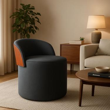 Imagem de Puff Encosto Corino Suede Redondo Confortável Sala Moderno Cinza Escuro