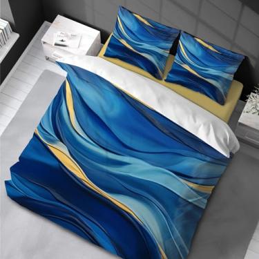 Imagem de Conjunto de edredom de mármore King azul dourado aquarela estampa de mármore capa de edredom adulto com fronha 200 x 200 cm -80 x 80 cm * 2