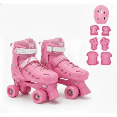 Imagem de Patins Roller 4 rodas Infantil Quad Rosa Azul Tamanho Ajustável + KIT 