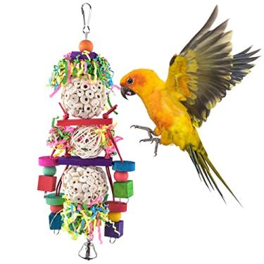 Imagem de Bissap Brinquedos Conure, pássaro papagaio forrageamento triturador brinquedos pendurados sola bolas sepak tacru com sino para pequenos papagaios periquitos conures calopsita amor pássaros gaiola brin