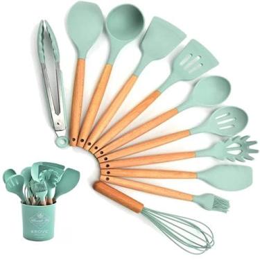 Imagem de Jogo 12 peças Silicone/Madeira Talher Escumadeira Utensilio Cozinha (Verde)