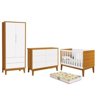 Imagem de Dormitório Completo Infantil Classic 2 Portas, Cômoda 6 Gavetas, Berço com Pés Amadeirado e Colchão D18 - Reller Móveis